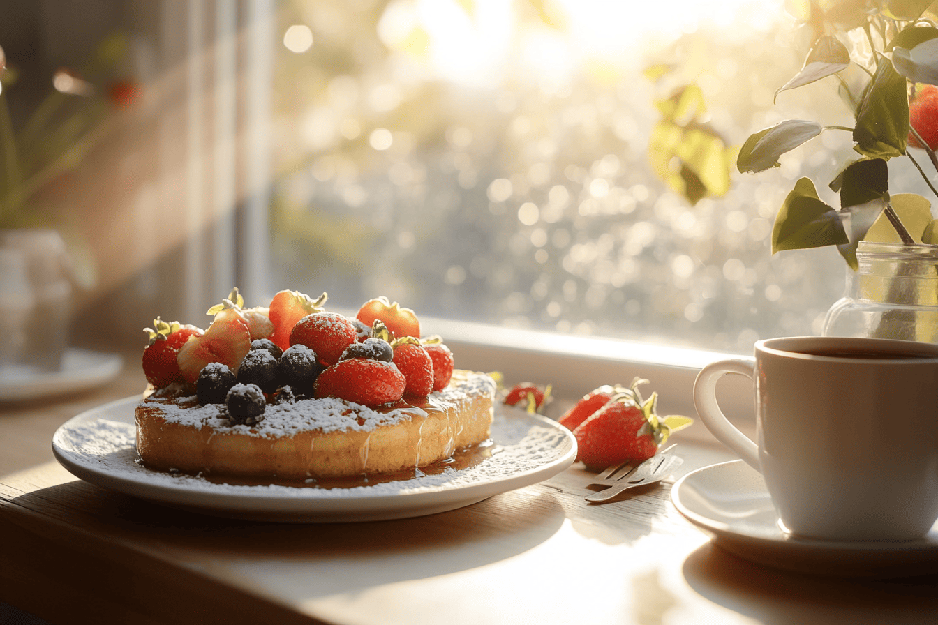 Sourdough French toast with berries and syrup on a breakfast table"