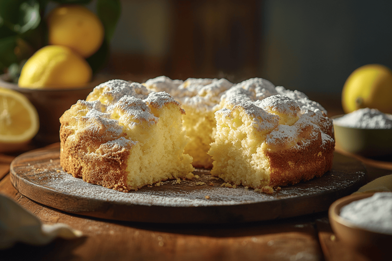 A fluffy cloud cake dusted with powdered sugar on a rustic wooden table.