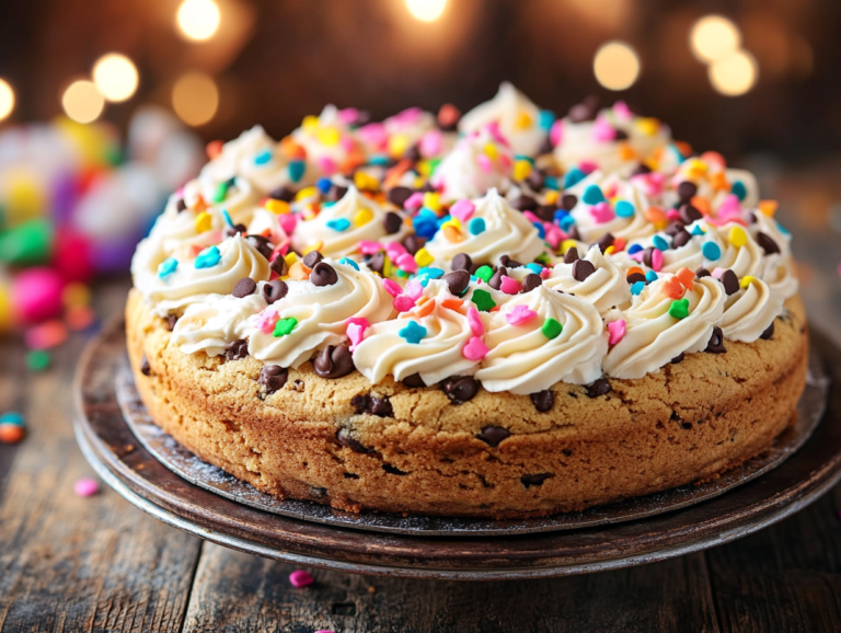Decorated chocolate chip cookie cake with frosting and sprinkles.