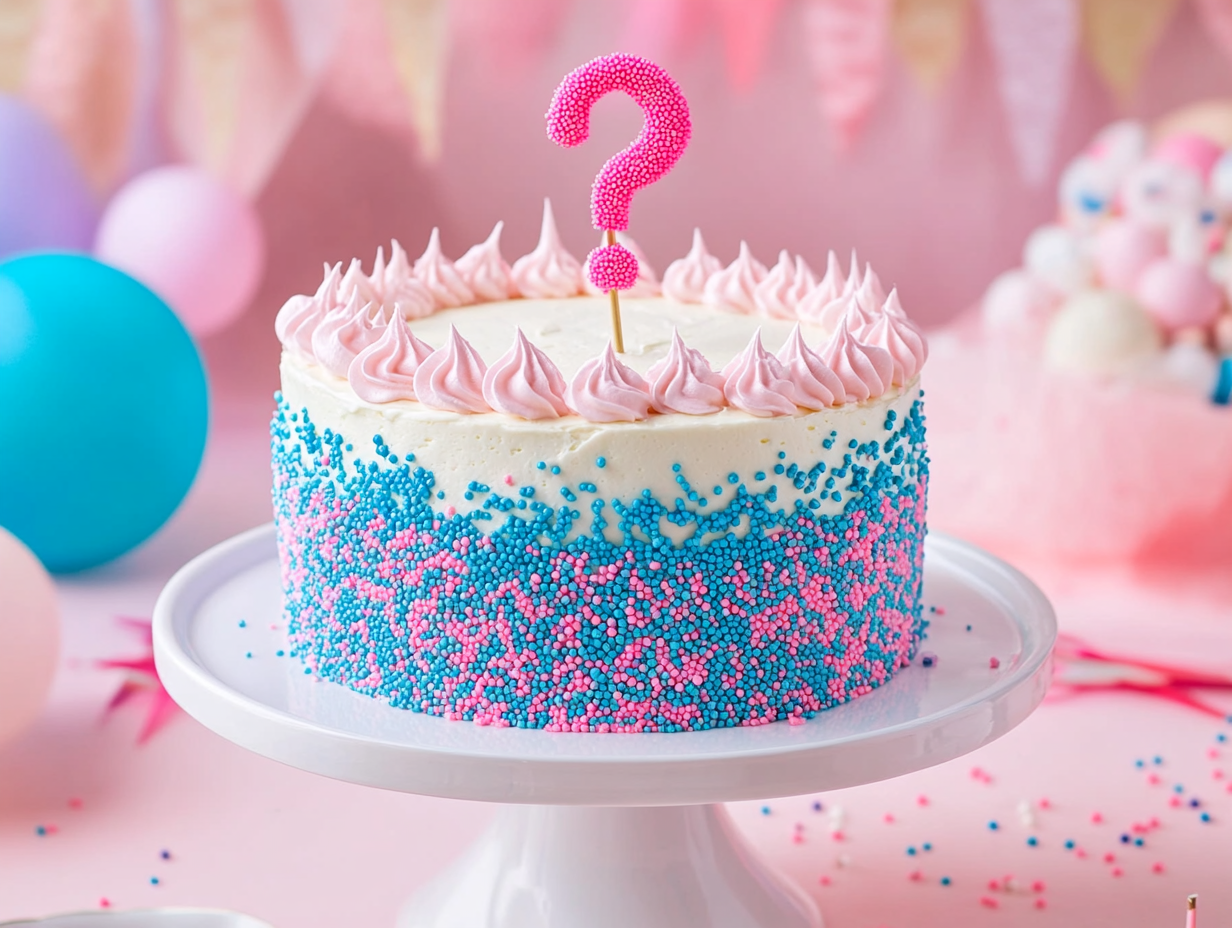 A frosted gender reveal cake with sprinkles and a question mark topper