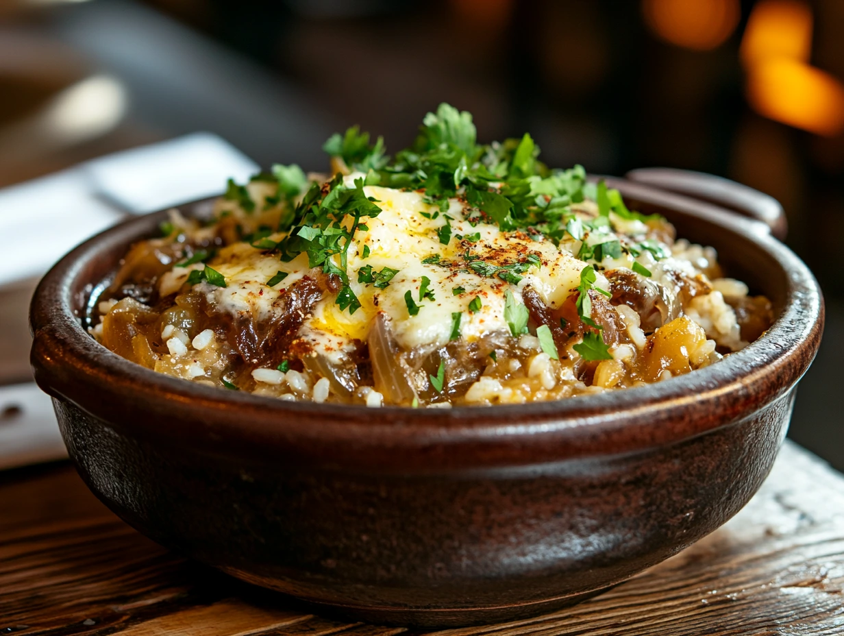 French onion soup rice topped with Gruyère cheese and parsley.