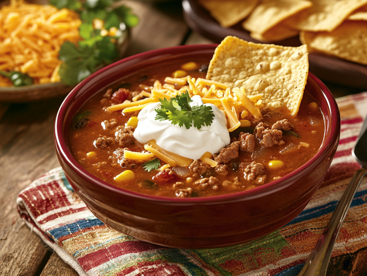 A bowl of taco soup garnished with sour cream, shredded cheese, a tortilla chip, and fresh cilantro, served with a colorful cloth underneath and surrounded by additional toppings like shredded cheese and tortilla chips.