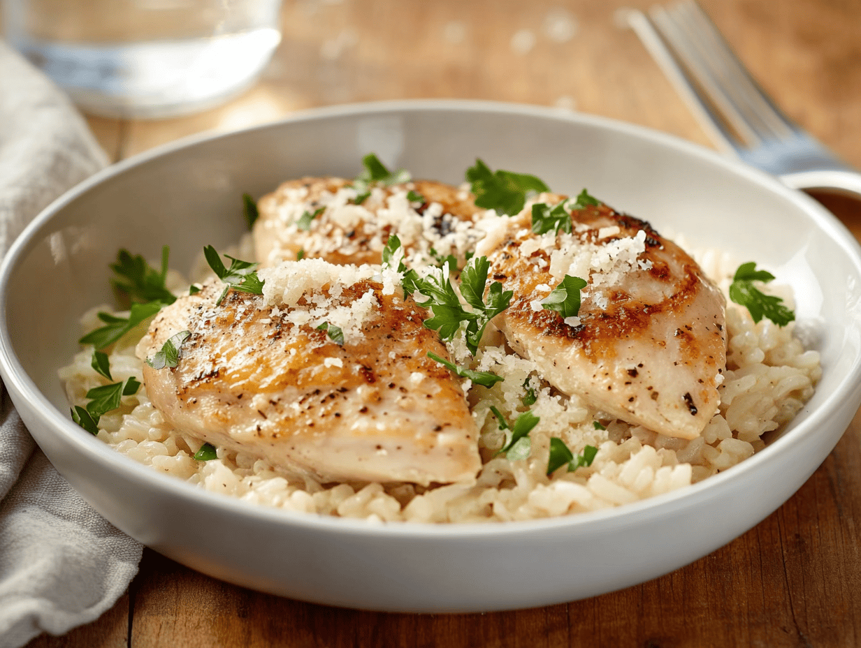 Creamy chicken and rice garnished with parsley in a white bowl.