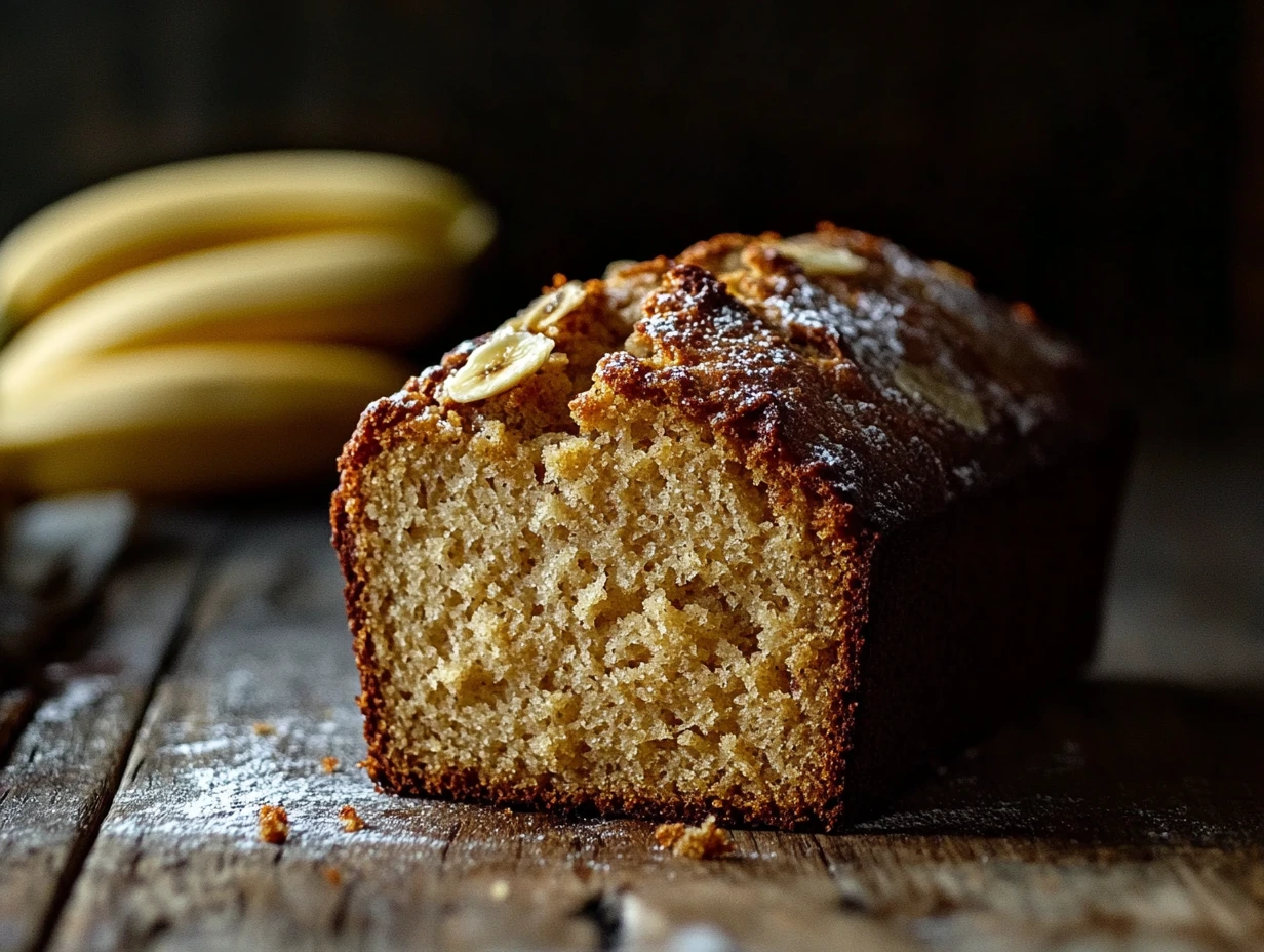 Moist loaf of 3 ingredient banana bread sliced on a wooden table