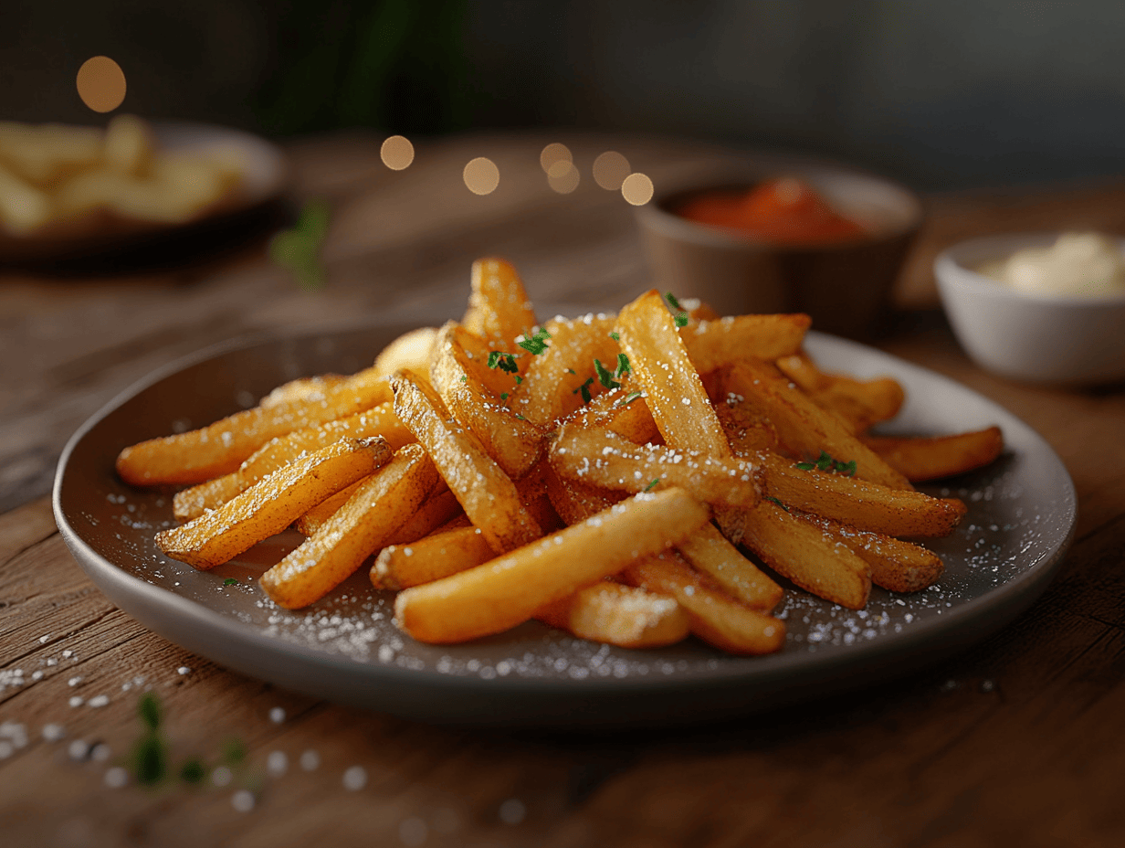 Golden crispy papas fritas on a rustic wooden plate garnished with fresh herbs and served with dipping sauces in a cozy, inviting setting.
