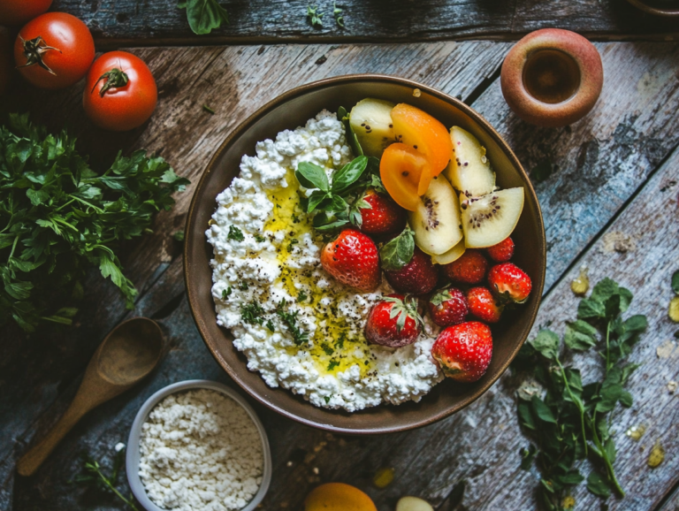 Bowl of cottage cheese with fruits and herbs.