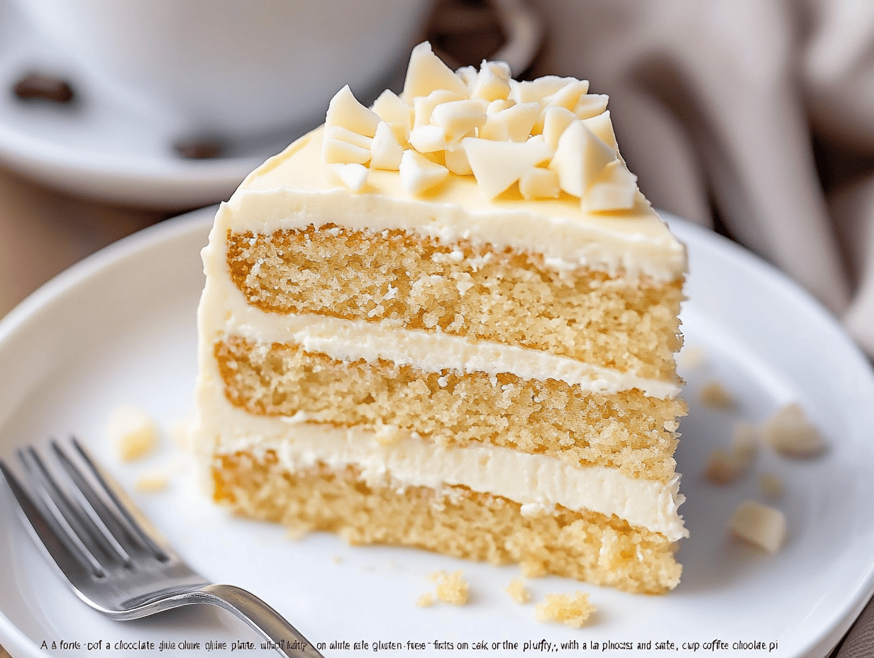 A slice of white chocolate gluten-free yellow cake on a plate with a fork.