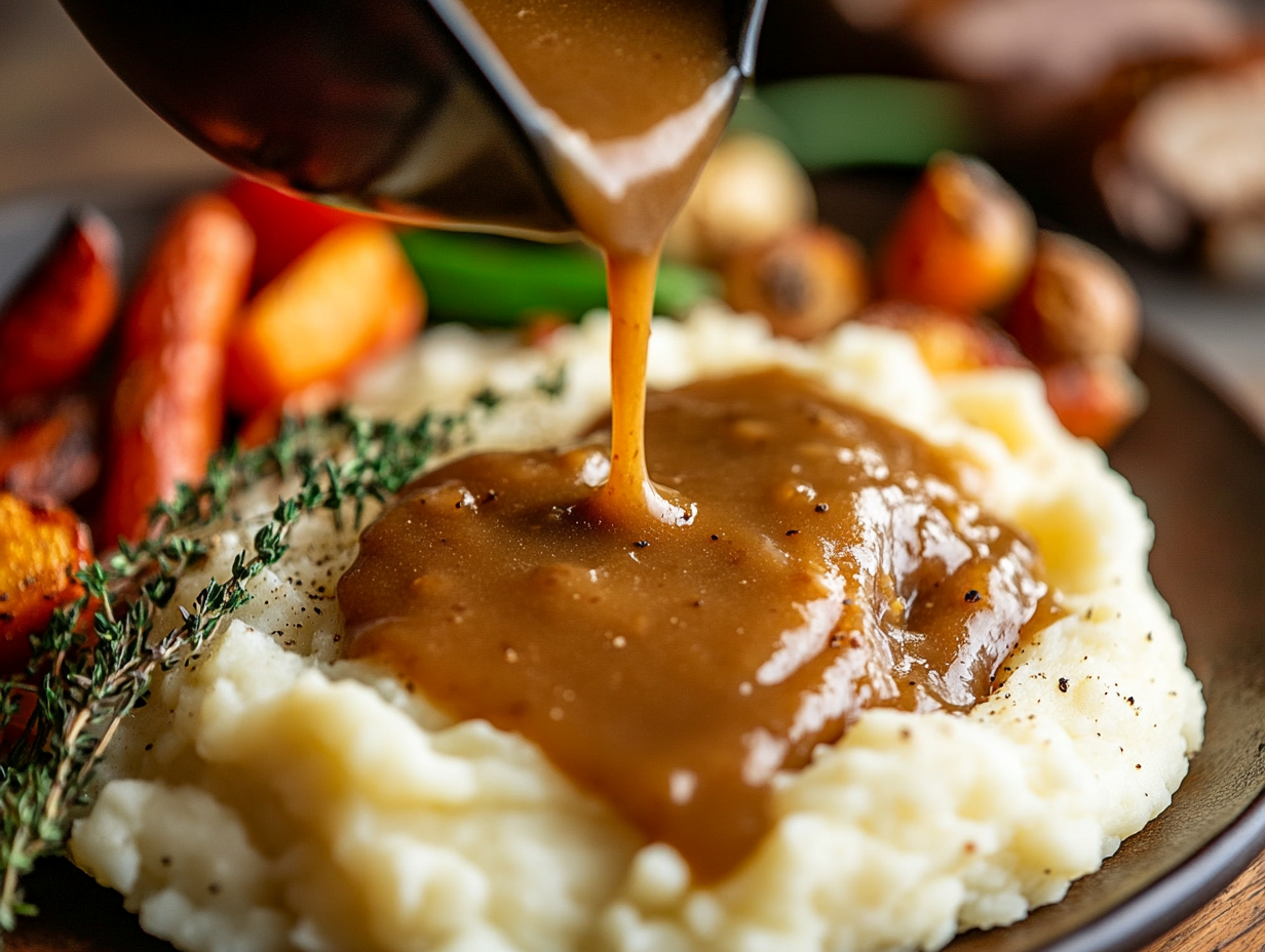 Silky brown gravy being poured from a ladle onto fluffy mashed potatoes, with roasted vegetables and meat in the background on a rustic plate