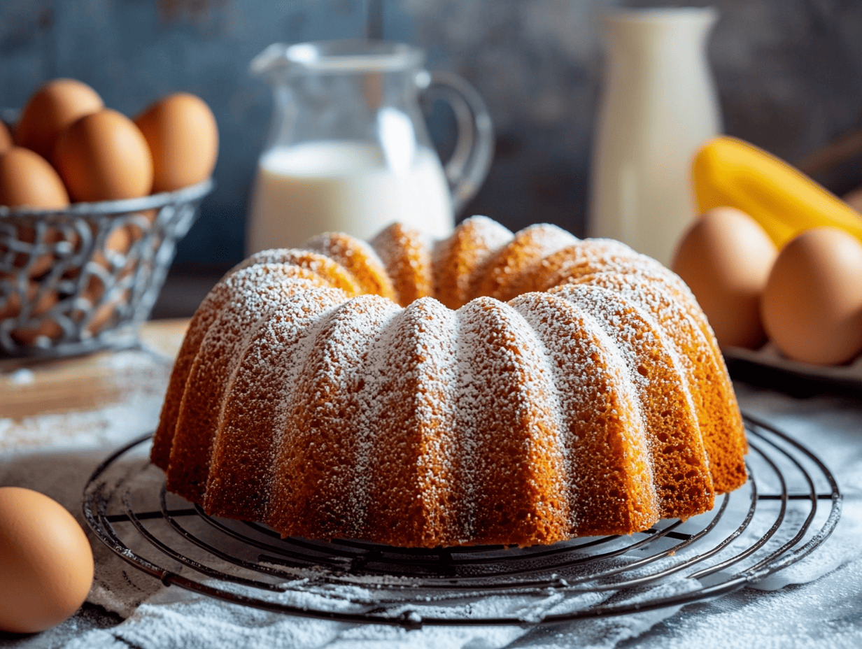 A freshly baked golden bundt cake on a cooling rack with a Nordic Ware bundt pan in the background