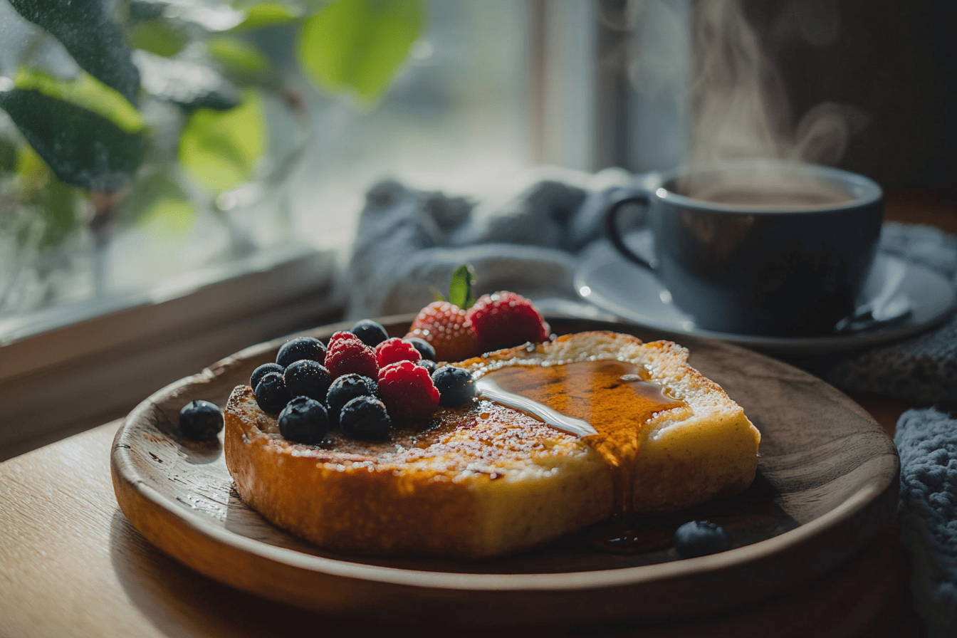 Golden sourdough French toast with syrup and berries