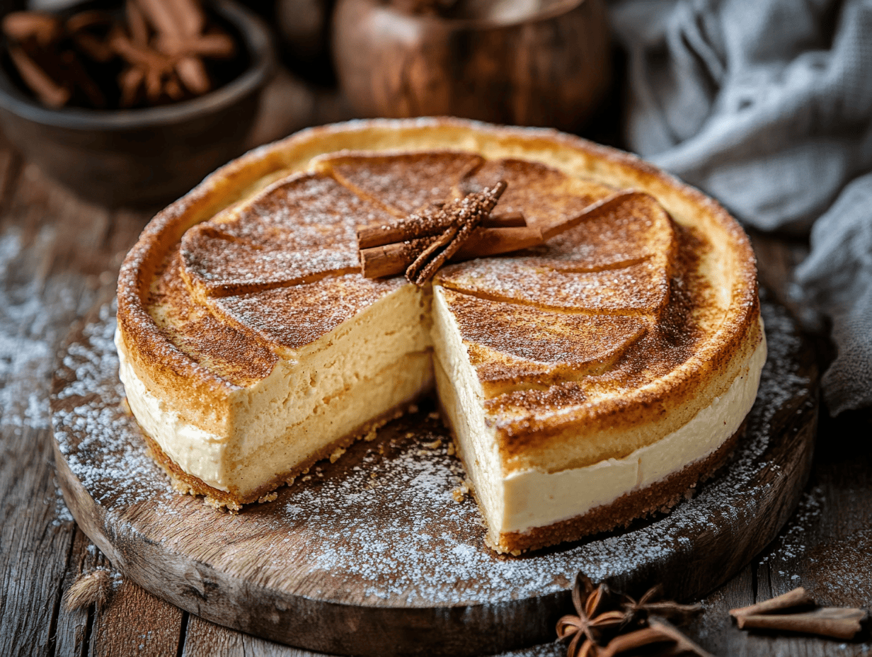 A close-up of a churro cheesecake slice with a cinnamon sugar topping.