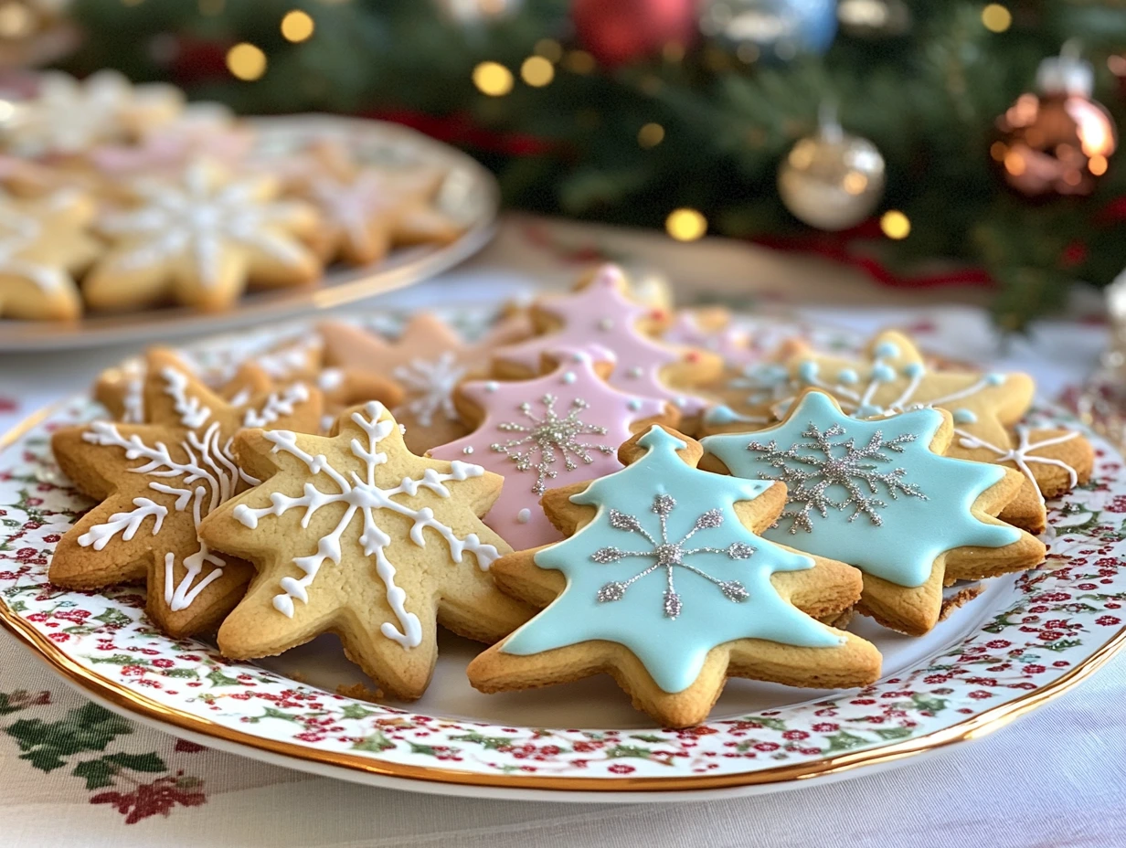 Holiday-themed decorated cookies on a festive table setting