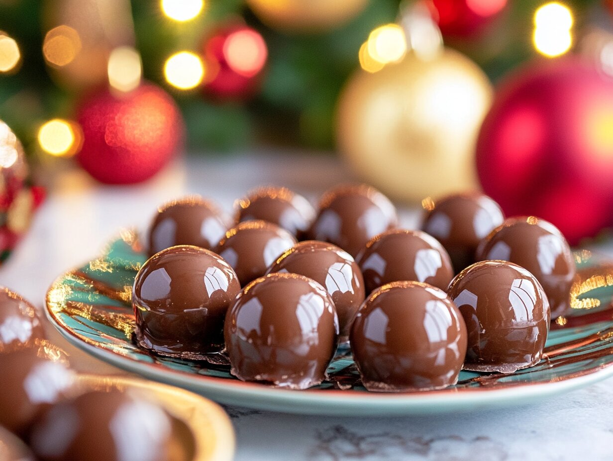 A plate of delicious Butterfinger Balls covered in chocolate.