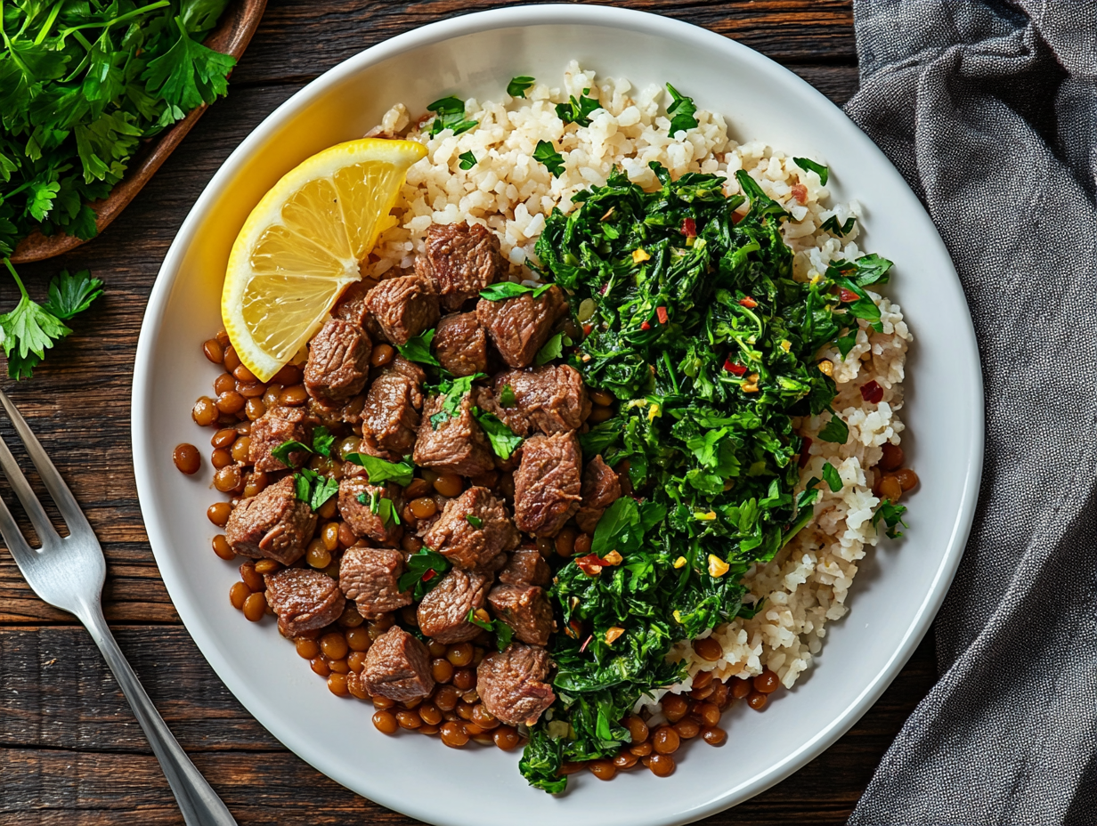 A beautifully plated Lebanese lamb, lentils, rice, and spinach dish garnished with fresh herbs.