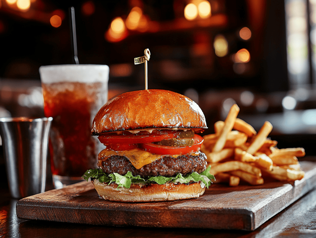 A crispy burger with golden-brown patty, lettuce, tomato, and melted cheese served with fries and a drink.