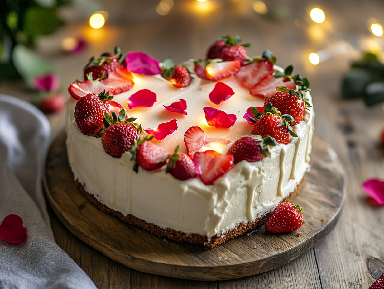 Heart-shaped cake decorated with buttercream, strawberries, and rose petals
