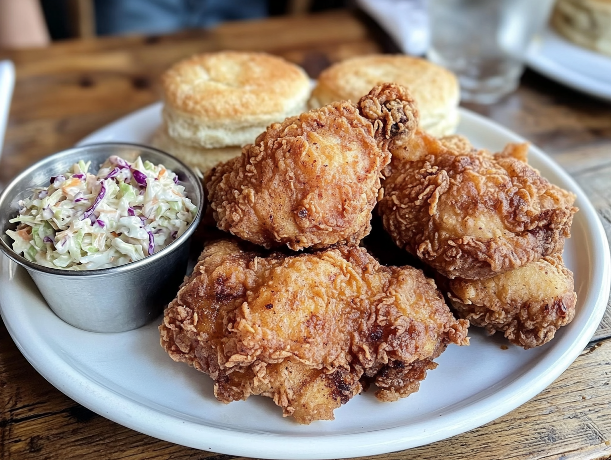 A plate of crispy New York Fried Chicken with sides