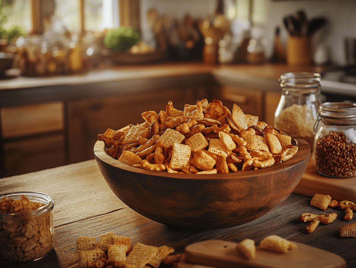 Freshly oven-baked Chex Mix in a wooden bowl with scattered ingredients.