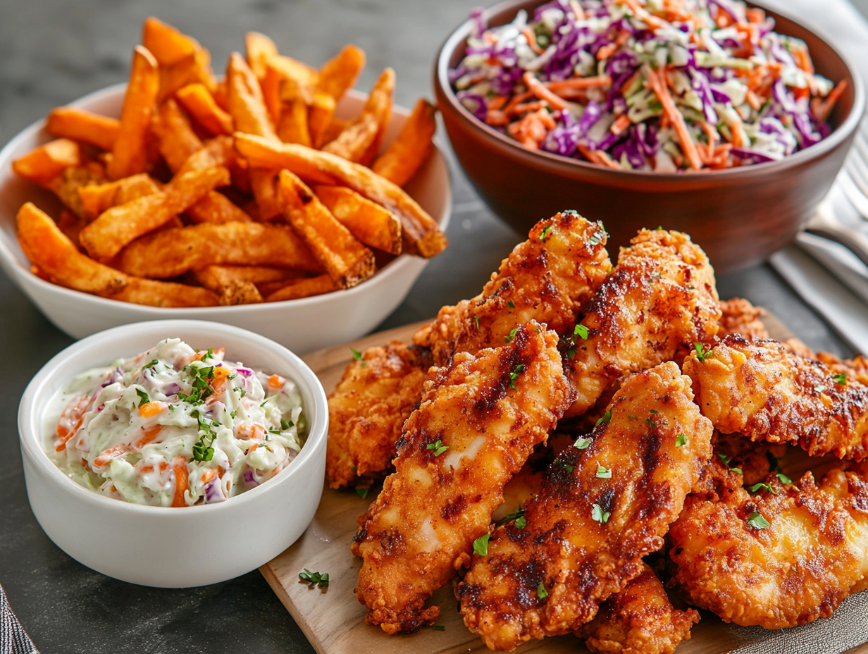A dinner spread featuring hot honey chicken tenders, sweet potato fries, and coleslaw.