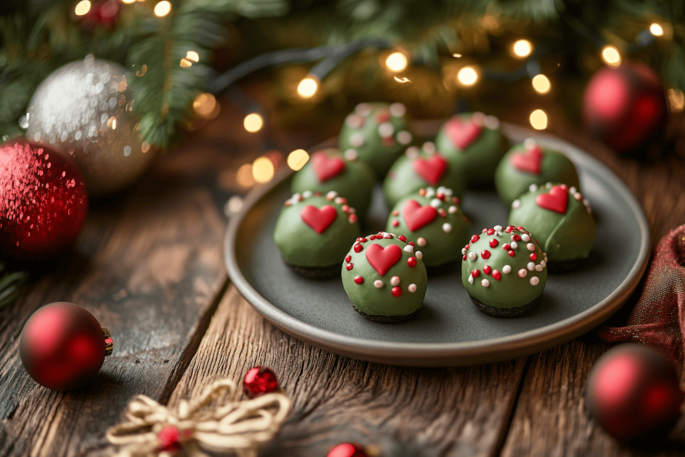 Festive Grinch Oreo Balls with red hearts on a holiday table
