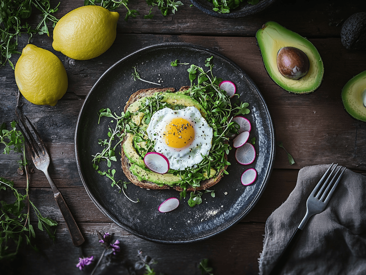 Avocado toast with poached egg and microgreens on a rustic wooden table