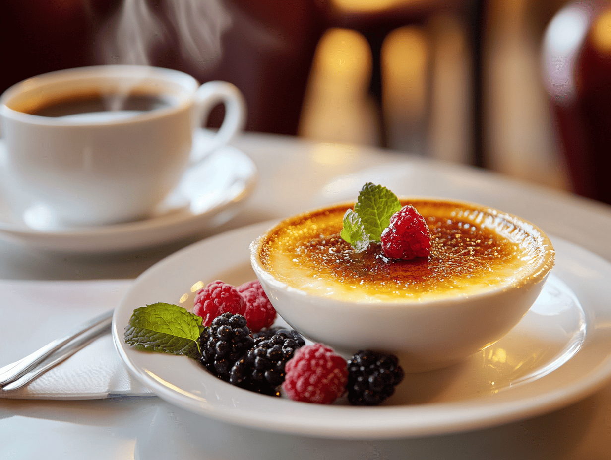Elegant serving of crème brûlée accompanied by fresh berries and a cup of steaming black coffee on a cafe table