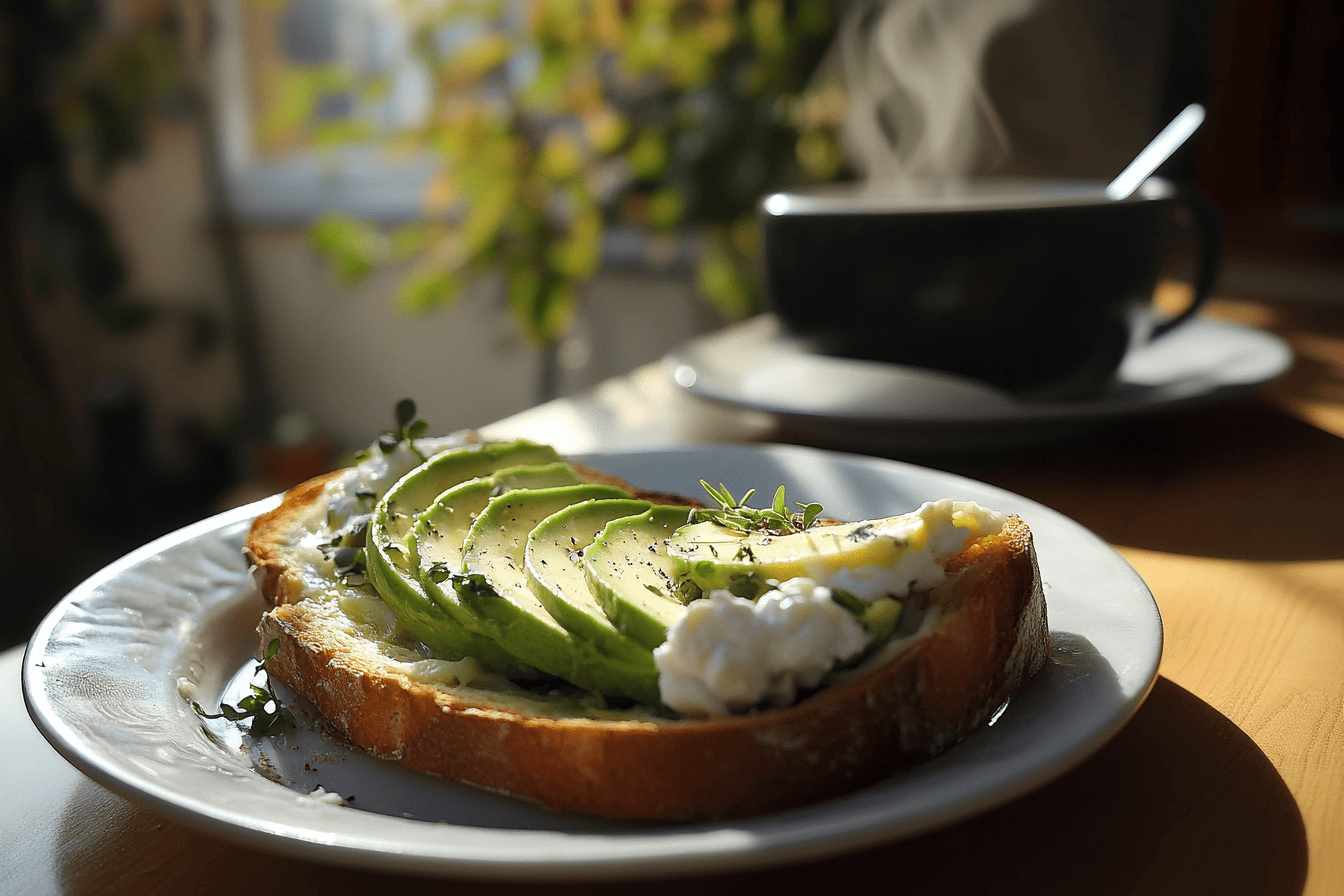 French avocado toast on a café table with coffee