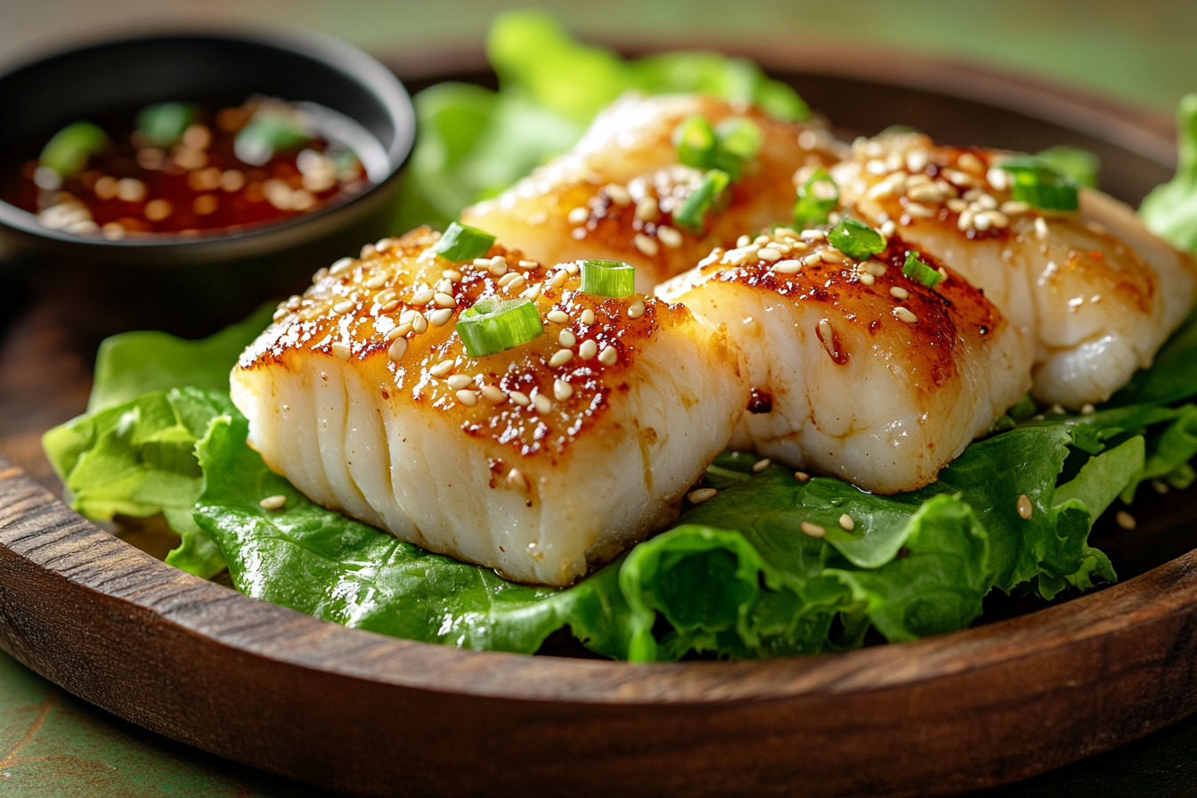 China Wrap Cod served with fresh lettuce leaves and dipping sauce.