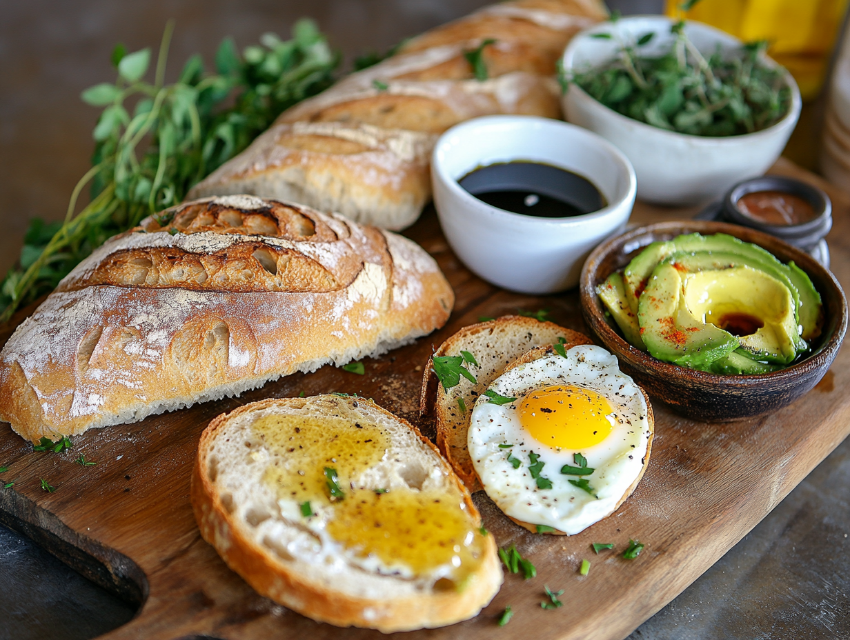 French and sourdough bread paired with healthy toppings on a wooden board.