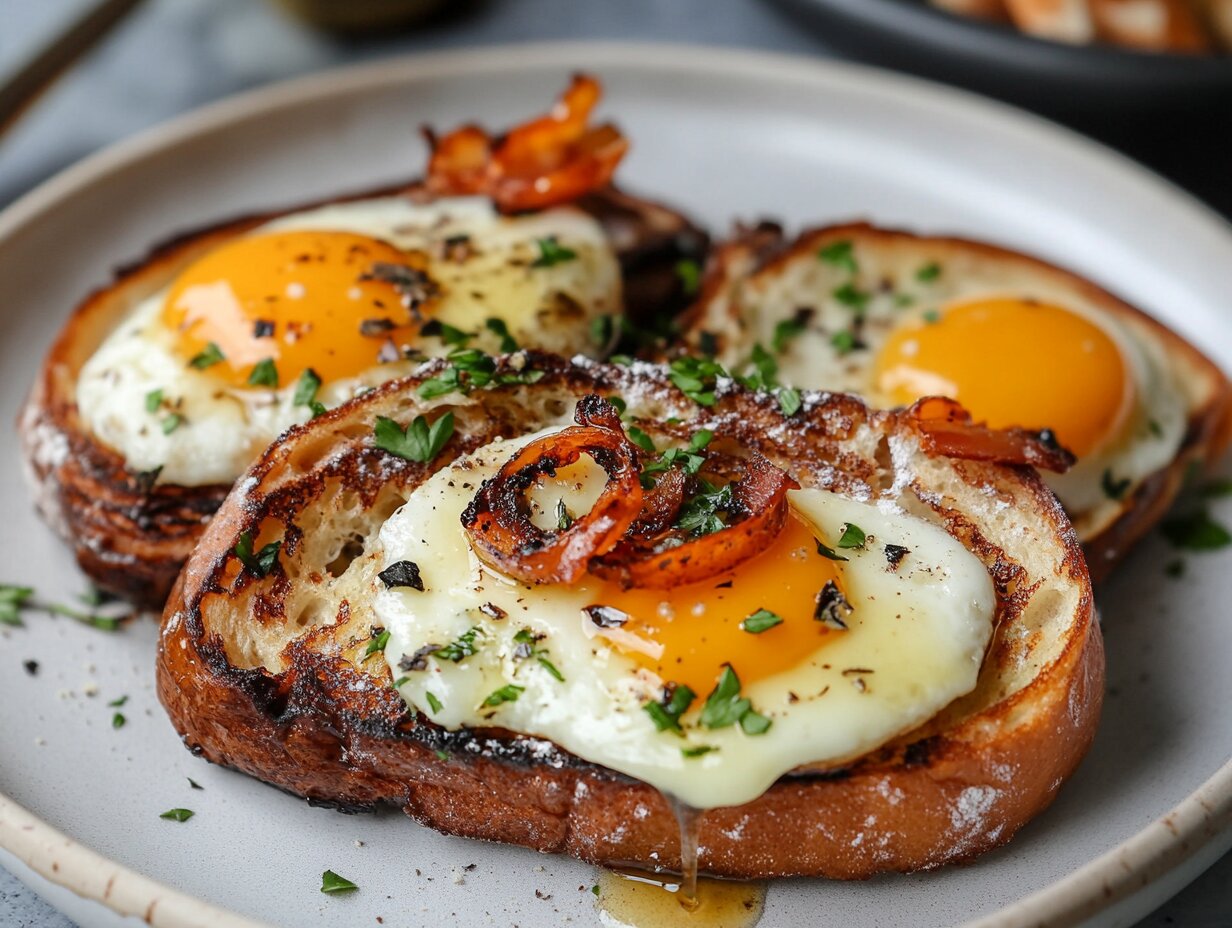 a plat of featuring sunny-side-up eggs served on toasted slices of bread.