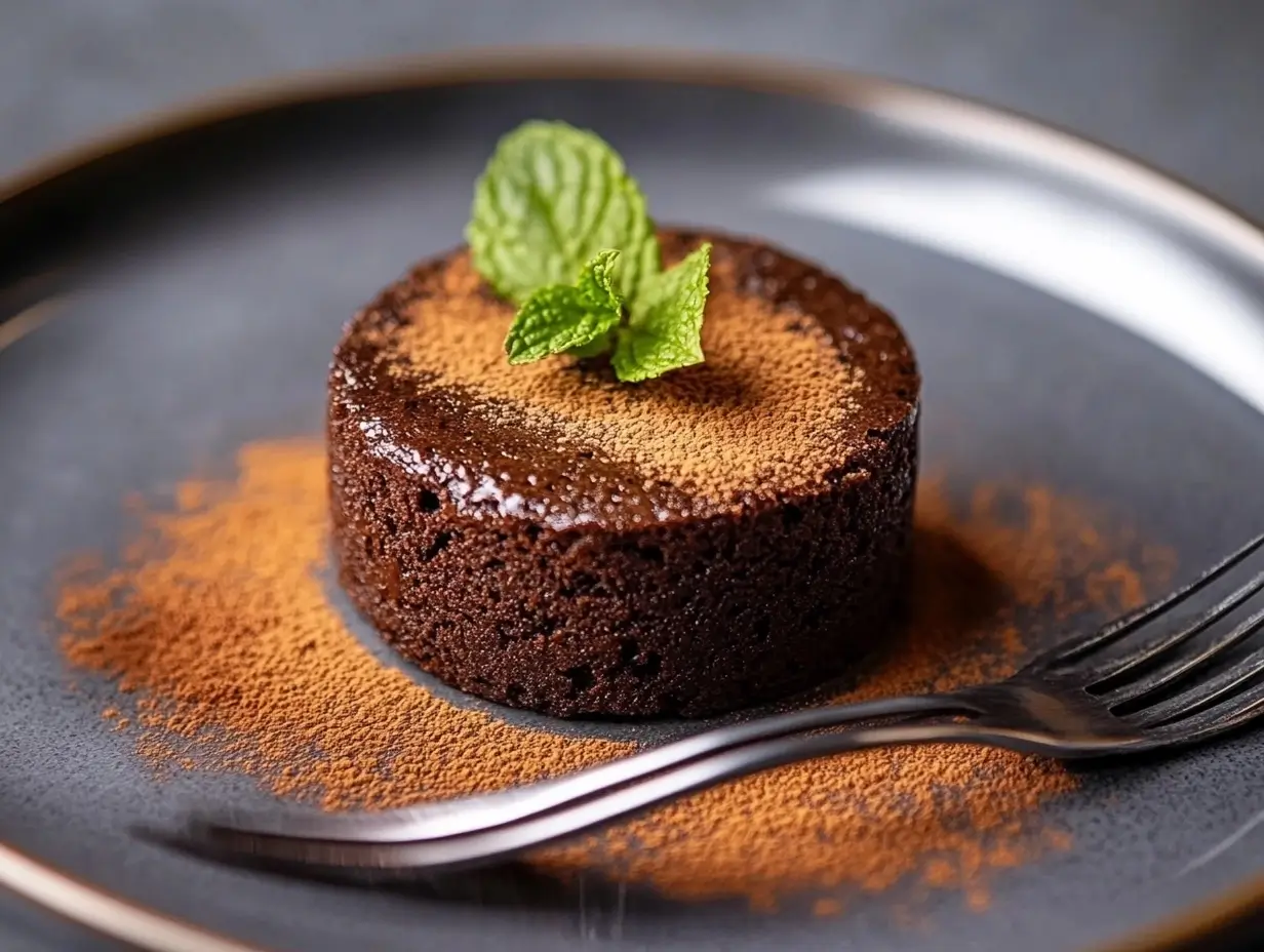 A close-up of a fudgy brownie with a glossy top.