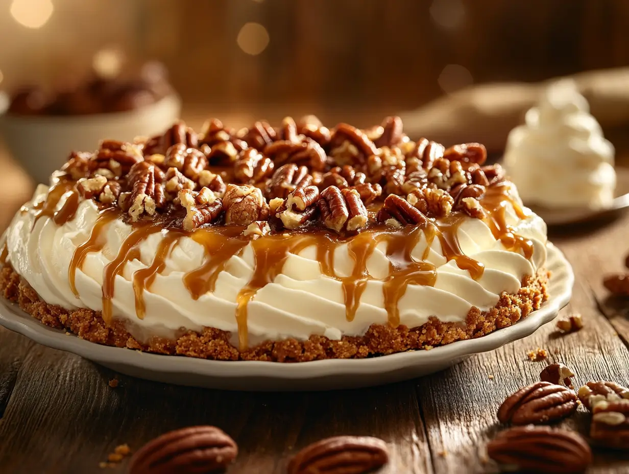Southern pecan cream pie on a rustic table with caramel drizzle.