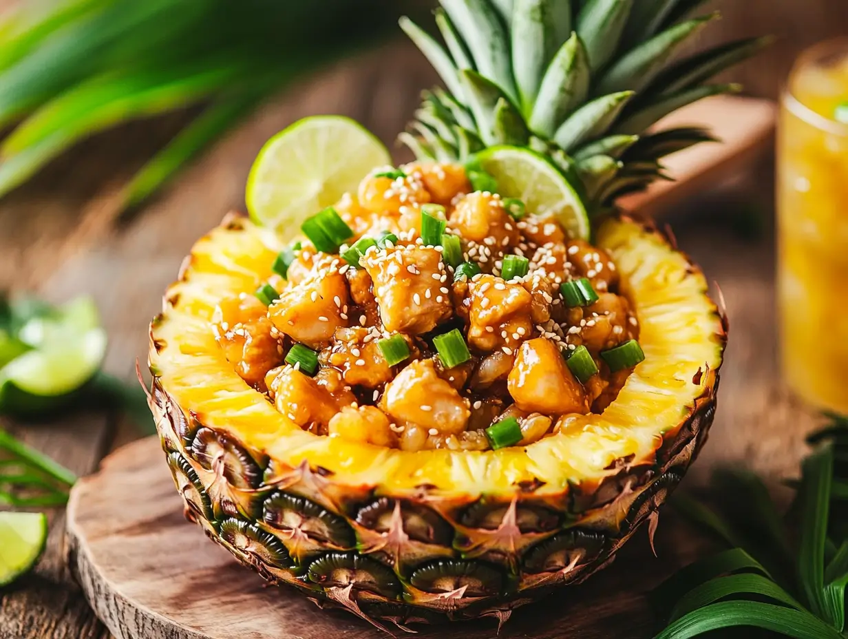 Chicken Teriyaki Pineapple Bowl Garnished with Sesame Seeds and Lime
