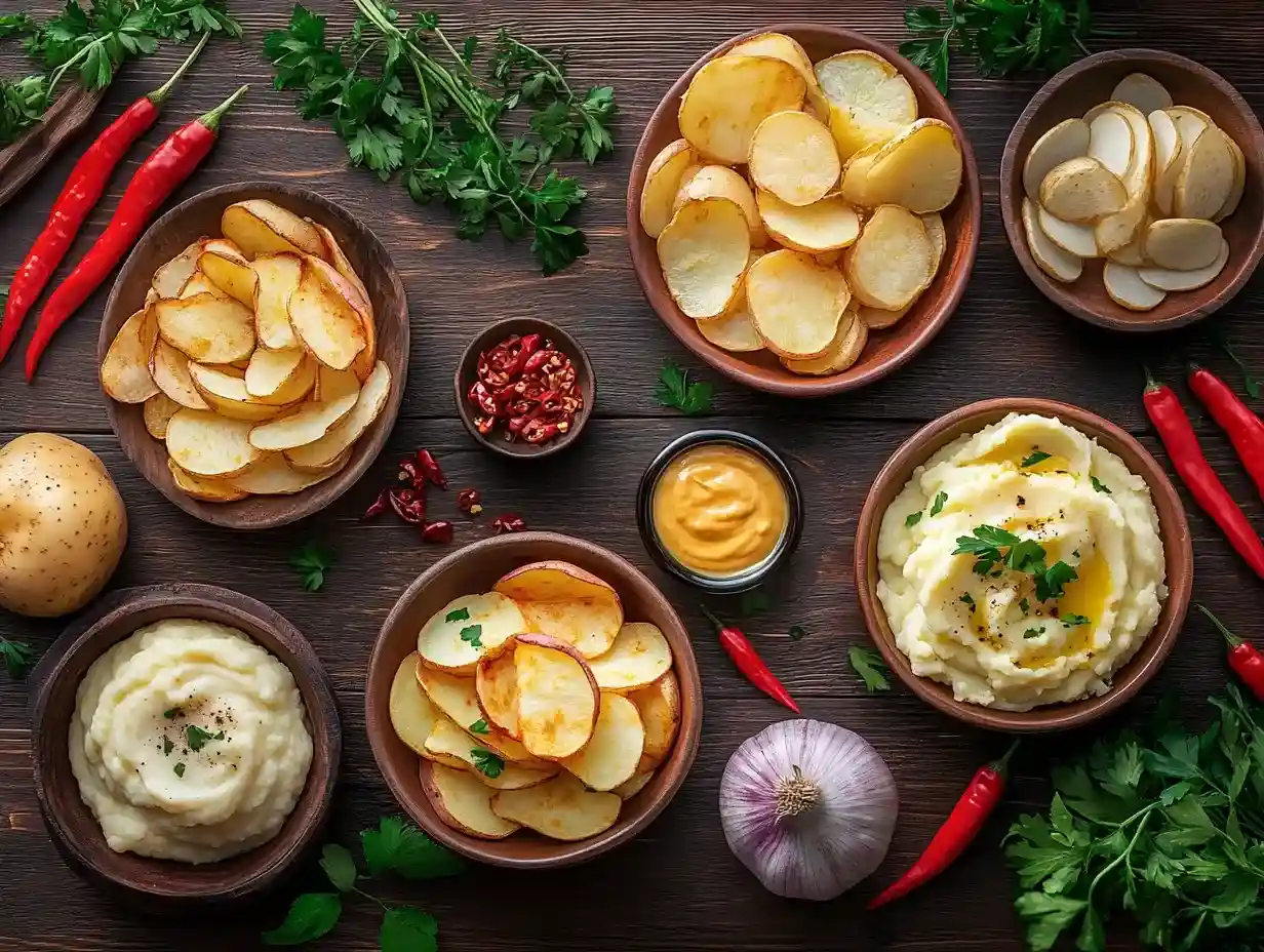 A collection of potato dishes like patatas bravas and papas fritas on a rustic wooden table