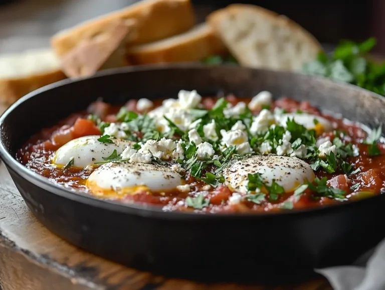Shakshuka with a Twist featuring eggs, feta, and parsley in a skillet
