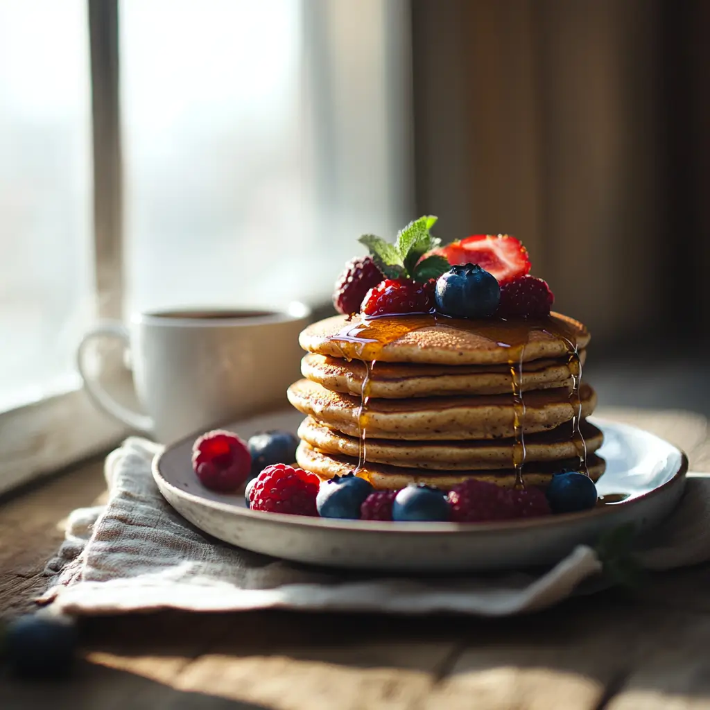 Stack of overnight sourdough buckwheat pancakes topped with berries and maple syrup.