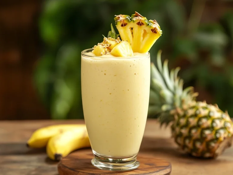 Tall glass of pineapple banana smoothie with fresh fruit.