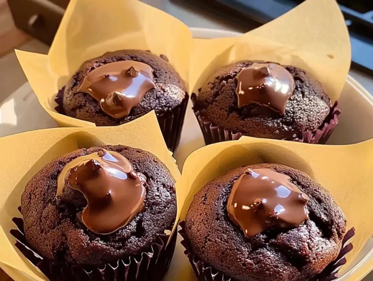 Chocolate muffins with melted chocolate topping in yellow parchment liners