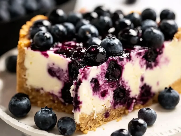 A close-up shot of a blueberry cheesecake slice, showing a rich, creamy filling with fresh blueberry toppings